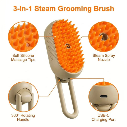 3-in-1 Steam Spray Pet Grooming Brush for Dogs & Cats | Self-Cleaning Deshedding Comb