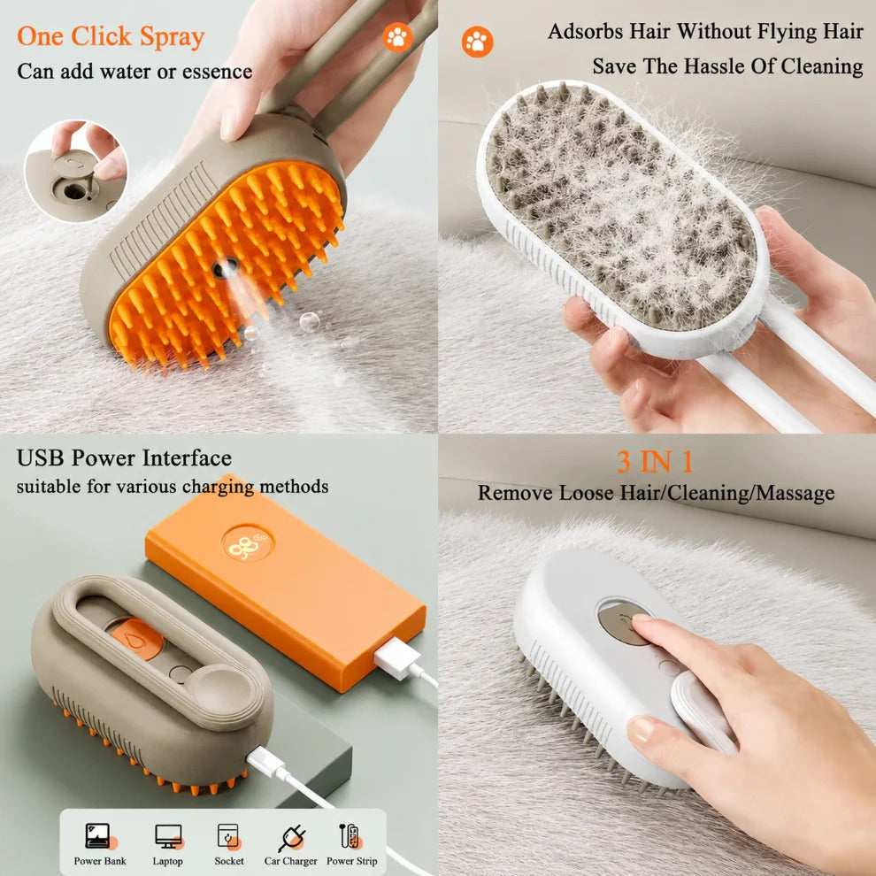 3-in-1 Steam Spray Pet Grooming Brush for Dogs & Cats | Self-Cleaning Deshedding Comb
