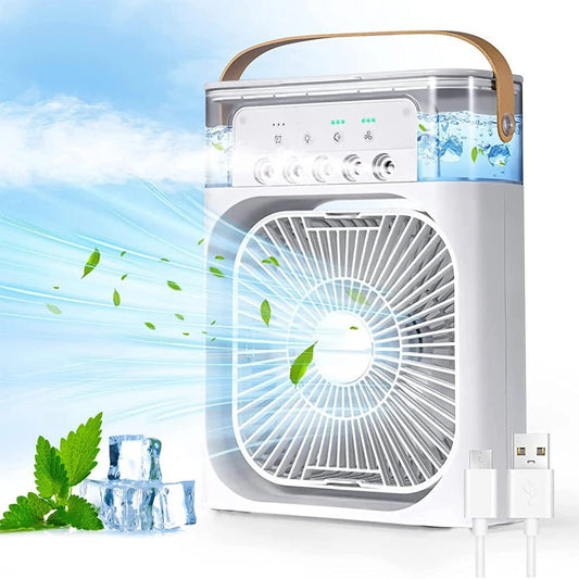 Portable Mini Air Cooler Fan with Water Mist & LED Light – USB Rechargeable