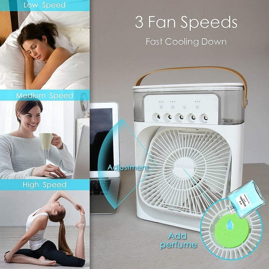 Portable Mini Air Cooler Fan with Water Mist & LED Light – USB Rechargeable